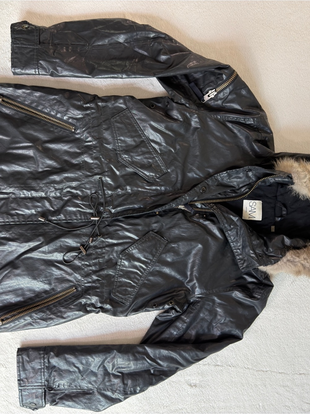 SAM New York Black Coated Parka Fur Trim Hood Women’s Size M ITEM2661
